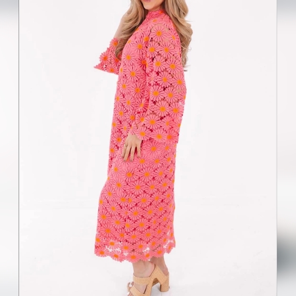NWT J. Marie Pink Orange Daisy Crochet Maxi Dress Small V-neck Lined Small Flaw - Picture 11 of 11